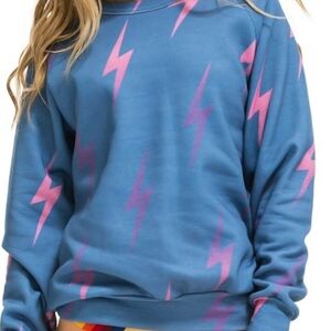 Aviator Nation Blue bolt Sweater with Pink Lightning Bolts, size medium